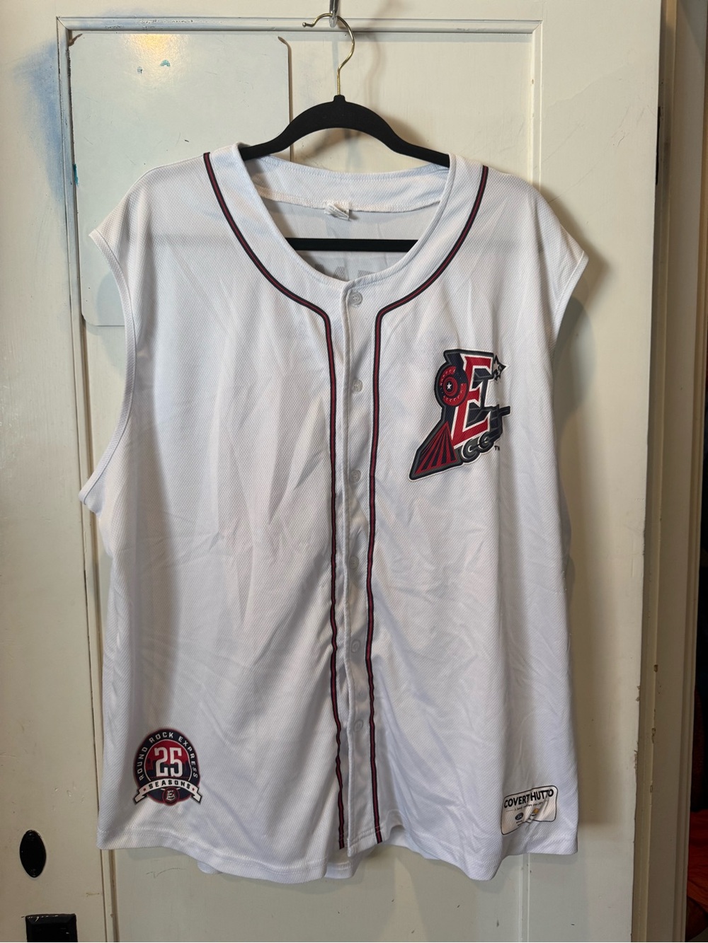 Men's White Tank Baseball Jersey with Maroon Trim and Team 'E' Patch